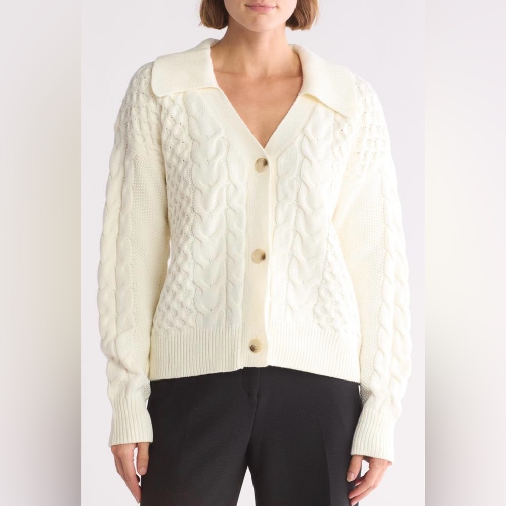 Parker Johnny Collar Cream Cable-Knit Button Front Sweater Cardigan